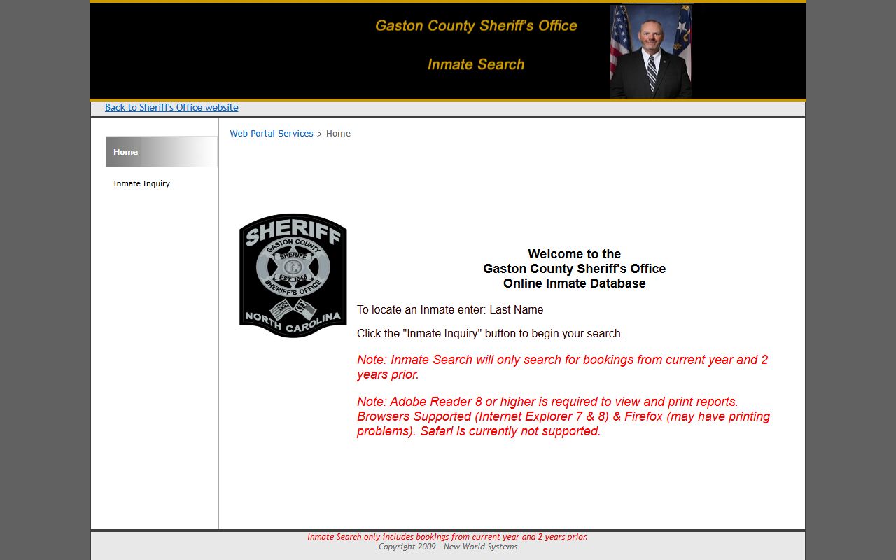 Gaston County arrest records Gaston Sheriff online inmate database landing page