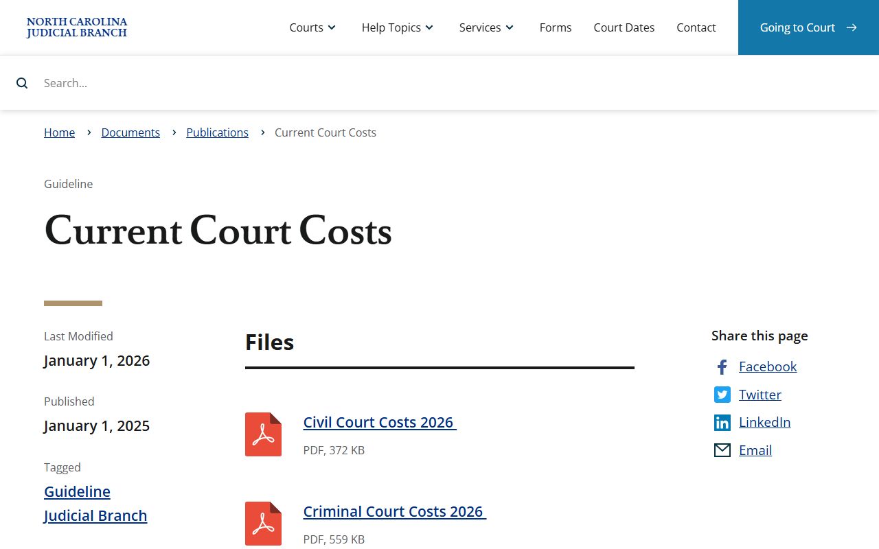 Gaston County court dockets current NC court costs publications