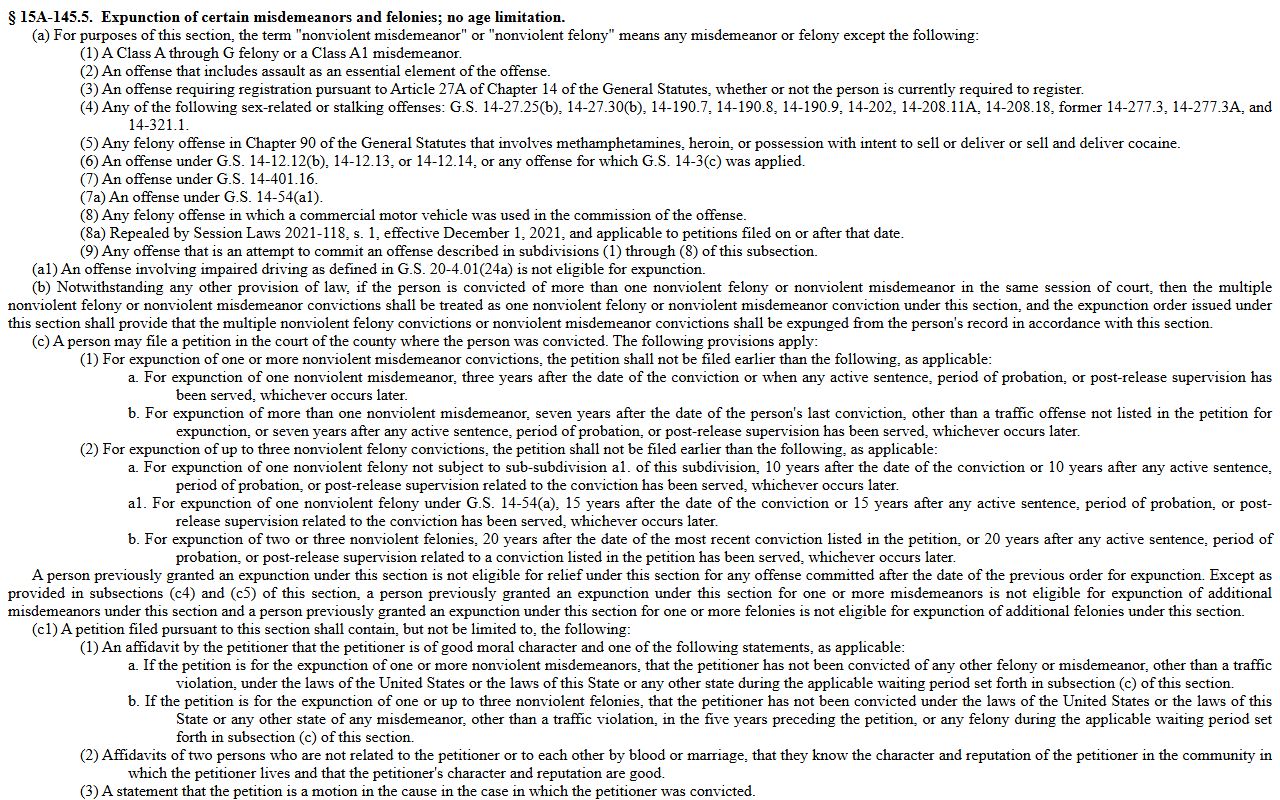 Gaston County criminal court records NCGS 15A-145.5 expunction statute