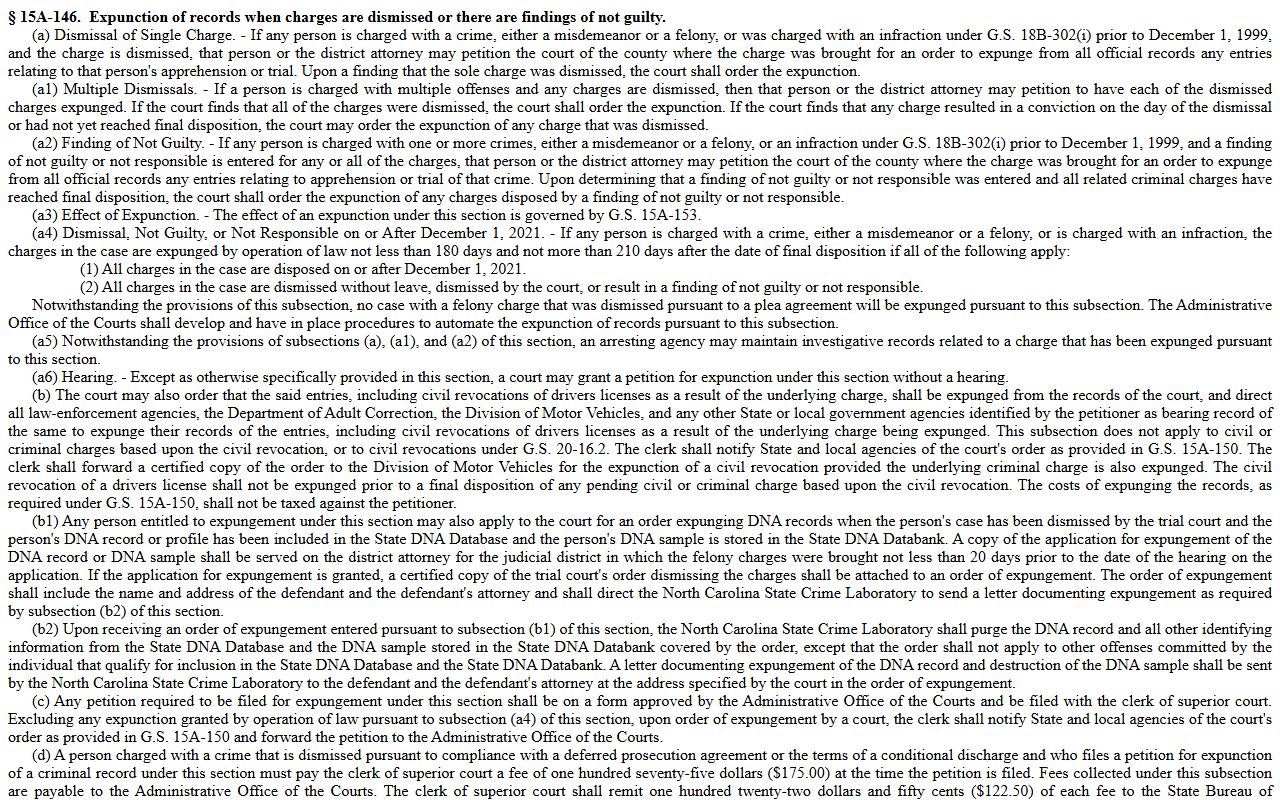 Gaston County criminal court records NCGS 15A-146 dismissed charge expunction statute