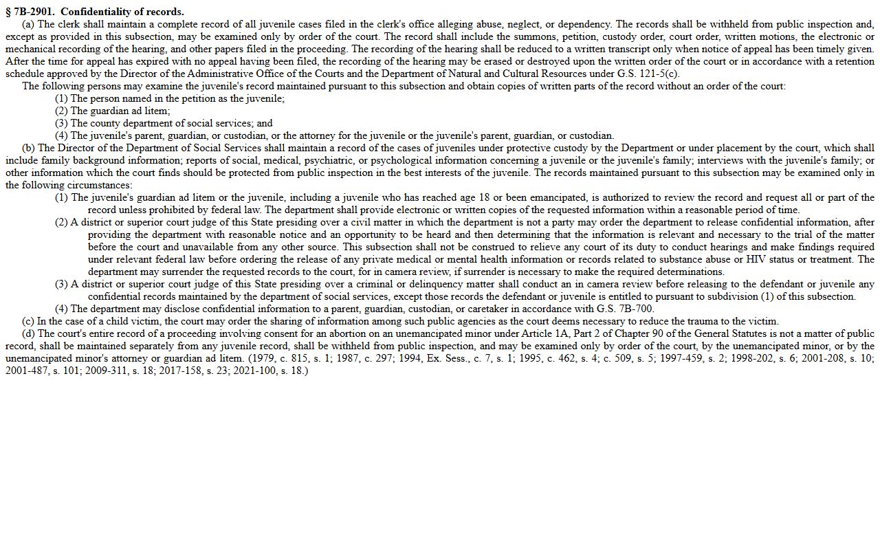 Gaston County criminal court records NCGS 7B-2901 abuse neglect dependency records