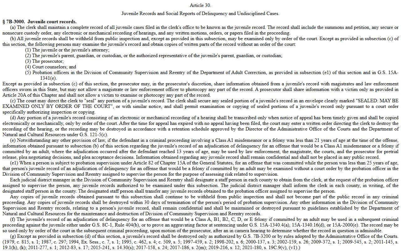 Gaston County criminal court records NCGS 7B-3000 juvenile delinquency records