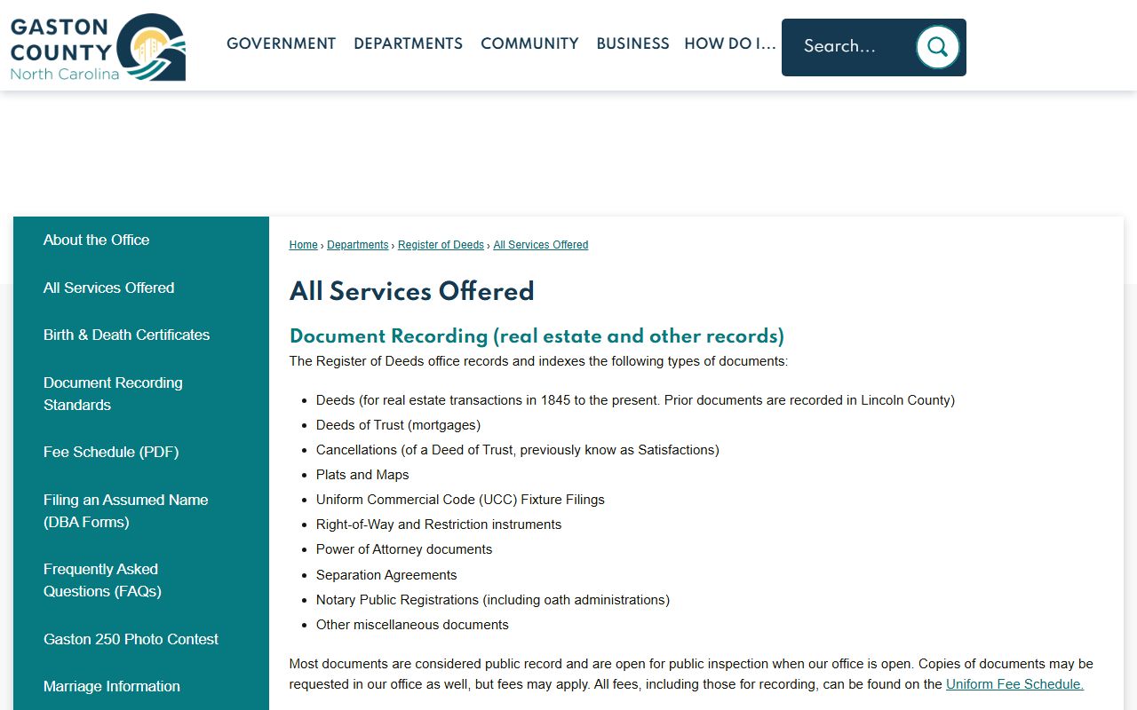 Gaston County probate records Register of Deeds services list