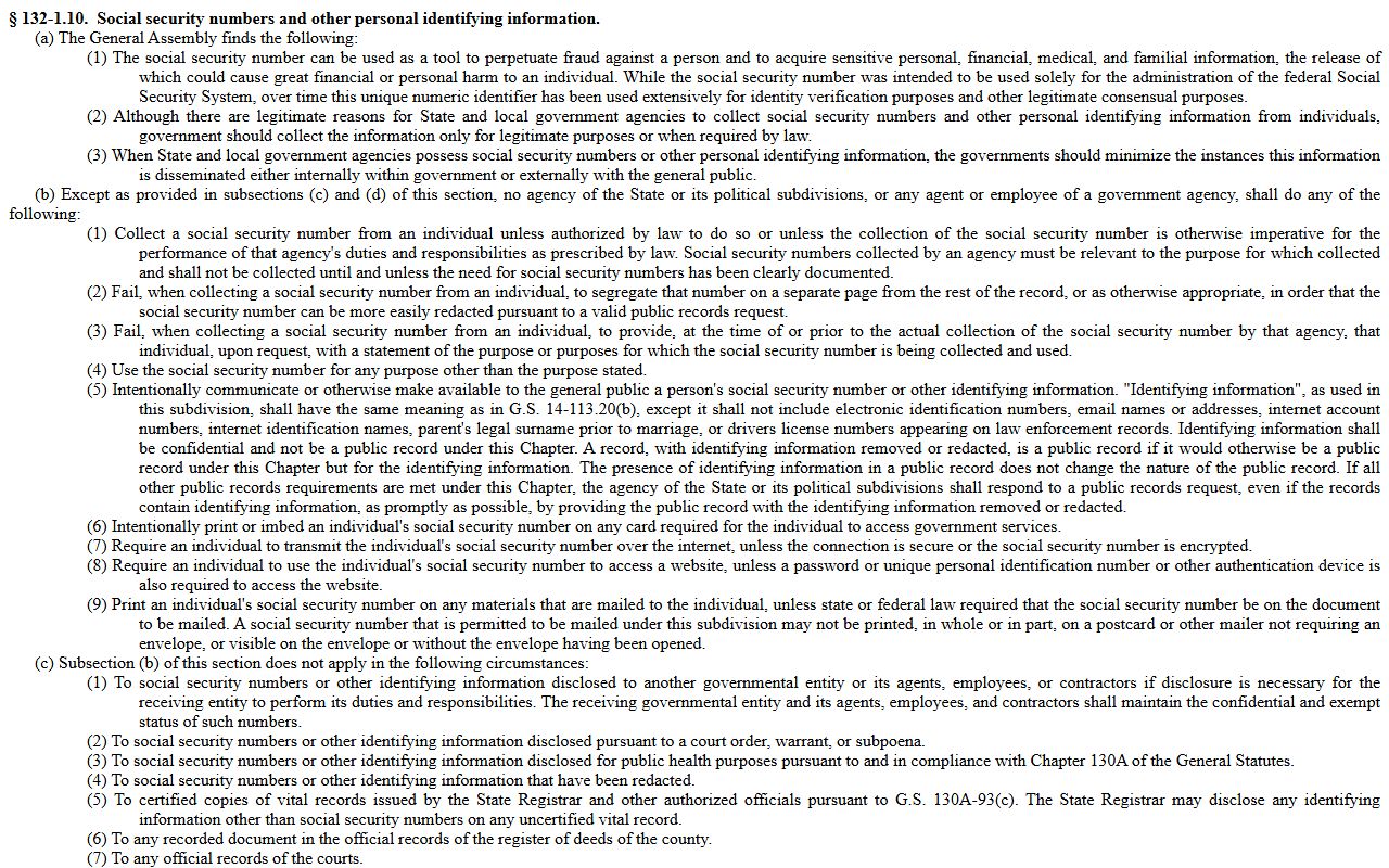 Gaston County probate records N.C.G.S. 132-1.10 redaction statute